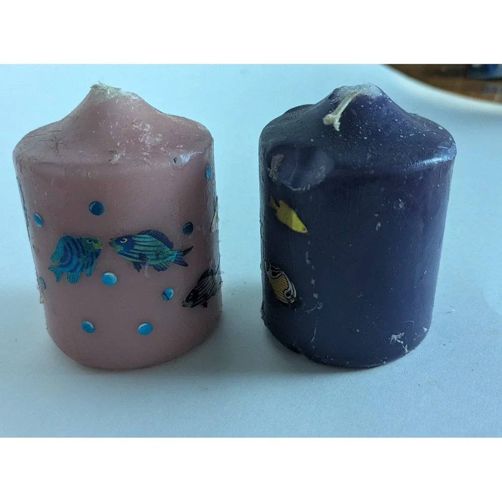 Vintage Tropical Fish Pillar Candles Pink Purple Nautical Decor Set of 2